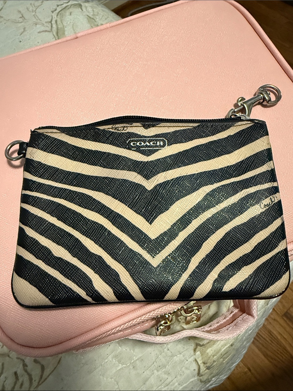 COACH Zebra-Print Leather Wristlet in Black & Cream